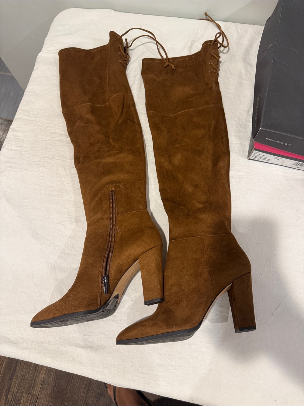 Brand New Vince Camuto Suede Block Heel Boots in Brown